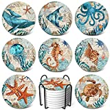 Teivio Absorbing Stone Sea Ocean Life Coasters for Drinks, Cork Base with Holder,Coastal Decor Beach Theme Tropical,for Housewarming Apartment Kitchen Bar Decor, For Wooden Table Coffee table,Set of 8