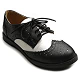Ollio Women's Flat Shoe Wingtip Lace Up Two Tone Oxford M2913(7.5 B(M) US, Black)