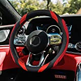 XCBYT Steering Wheel Cover - 14.5- 15 Inch Black Red Car Steering Wheel Cover Sports Fan Design Non-Slip Leather for Truck SUV Accessories