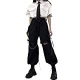 RFXZSAQD Women's Gothic Streetwear Cargo Pants with Chain, Punk Black Oversize Korean Wide Leg Trousers