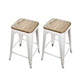 24" Cream White Backless Kitchen Counter Metal Bar Stools Set of 2, Natural Wooden Top Metal Stools,Kitchen Pub Dining Stools - Pre Assembled