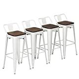 Yongchuang Metal Bar Stools Set of 4 Industrial 24" Seat Height Counter Stools with Back Bar Chairs (Wooden Top Low Back, White)