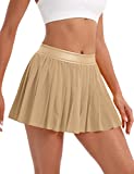 UrKeuf Women's Pleated Tennis Skirts with Pockets Flowy Golf Cute Mini Casual Skirt Skater Sports Workout Skort Inner Shorts Khaki