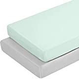 TILLYOU 2 Pack Mini Crib Sheets - Fitted Crib Sheet for Stretchy Jersey Knit Portable Mini Crib, Play Yard, Playpen, Playard Bedding Sheet for Boy Girl, Light Green & Lightt Gray