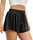 AUTOMET Womens 2 in 1 Flowy Running Shorts Casual Summer Athletic Workout Biker Shorts High Waisted Comfy Gym Tennis Skirts Black