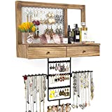 Pinzoveco Jewelry Organizer Wall Mounted, Rustic Wood Hanging Jewelry Holder with Necklace Organizer Rack, Wall Earring Organizer Holder Display for Earring Ring Bracelet Necklace, Gift for Women