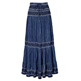 DREFBUFY Maxi Skirt Womens High Waist Pleated Tiered Long Skirts, Denim Look with Elastic Waistband, Casual Style Midi Dress for Women, Multi Wearing Styles (Blue15, Large)