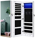 Nicetree 8 LEDs Mirror Jewelry Cabinet, Jewelry Armoire Organizer with Full Screen Mirror, Wall/Door Mounted, Full Length Mirror (White)