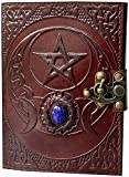 Leather Witch Journal Pentagram 7 x 5 Inch Stone with Triple Moon Embossed Blank Spell Book of Shadows Journals with Lock Clasp Pentacle Wicca Pagan Supplies Witchcraft Unlined Paper Notebook