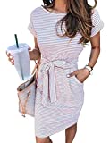 MEROKEETY Women's Summer Striped Short Sleeve T Shirt Dress Casual Tie Waist Midi Dress, Dustypink, S