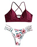 ZAFUL Women Lace up Braided Strap Bikini Set Padded V Neck High Leg Two Piece Swimsuit (Wine Red, L)