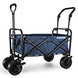 WHITSUNDAY Collapsible Folding Garden Outdoor Park Utility Wagon Picnic Camping Cart with Bearing and Brake 8" All Terrain Wheels with Push Bar (Ocean Blue)