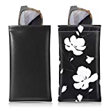 MoKo Squeeze Top Glasses Pouch (2 Pack), Portable Leather Soft Sunglasses Case Anti-Scratch Eyeglasses Bag Goggles Sleeve with Cleaning Cloth for Women Men, Black & Black+White Magnolia