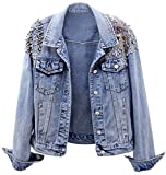 Kedera Women's Denim Jacket Long Sleeve Western Rivet Studded Washed Pearl Short Jean Coat