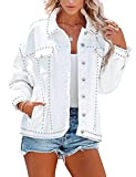 Fhniepan Women's Oversized Denim Jacket Studded Rivet Boyfriend Long Sleeve Loose Jean Trucker Jackets Coat with 4 Pockets(White,M)