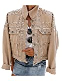 Omoone Women's Long Sleeve Rivet Studded Denim Jacket Casual Washed Pearl Short Jean Coat(2140-Khaki-XL)