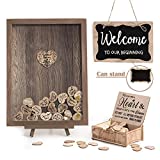Y&K Homish Wedding Guest Book Personalized Alternative, Drop Top Frame Sign Book with 80pcs Wooden Hearts, Rustic Wedding Decorations and Baby Shower (Brown)