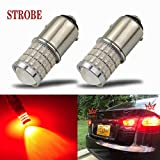 iBrightstar Newest 9-30V Flashing Strobe Blinking Brake Lights 1157 2057 2357 7528 BAY15D LED Bulbs with Projector Replacement for Tail Brake Stop Lights, Brilliant Red