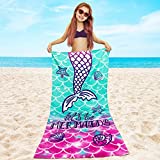 Softerry Mermaid Princess Beach Towel 30 x 60 inch Velour 100% Cotton, Pink and Green (Large - 30" x 60" - 76 x 152cm)