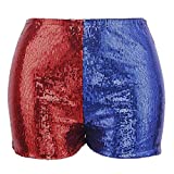 HDE Women's Plus Size Red Blue Sequin Shorts for Harley Misfit Halloween Costume (Red and Blue, 1X)