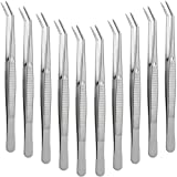 Stainless Steel Tweezers with Curved Serrated Tip Multipurpose Tweezers Sewing Machine Tweezers Forceps Tweezers with Serrated Tip and Knurled Handle (10)