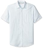 Amazon Essentials Men's Slim-Fit Short-Sleeve Gingham Linen Shirt, Light Blue, Large