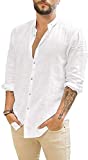 JEKAOYI Mens Summer Casual Long Sleeve Cotton Linen Shirts Buttons Up Solid Plain Roll-Up Sleeve Beach T Shirts White