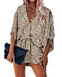 PRETTYGARDEN Womens Leopard Print Shorts Jumpsuit Wrap V Neck 3/4 Sleeve Casual Loose Oversized Romper With Pockets (Khaki, Small)