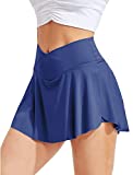 RIOJOY Tennis Skirts for Women with Pockets Inner Shorts Cross High Waisted Golf Athletic Running Workout Sports Outfits(A# V-Waist Navy-Blue,M)