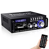 Sunbuck Bluetooth 5.0 Stereo Power Amplifier - 220W Dual Channel Sound, 12V Audio Stereo Receiver w/RCA, USB, SD, MIC in, LED Display, Remote, Bass & Treble Control, for Home Speakers, AS-25BU