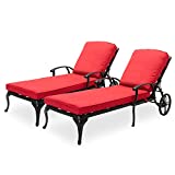 HOMEFUN Chaise Lounge Outdoor Chair with Red Cushions, Aluminum Pool Side Sun Lounges with Wheels Adjustable Reclining, Patio Furniture Set, Pack of 2(Antique Bronze)