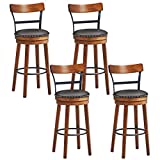 COSTWAY Bar Stools Set of 4, 360-Degree Swivel Stools with Leather Padded Seat, Single Slat Ladder Back & Solid Rubber Wood Legs, Counter Height Stools for Pub, Restaurant, Kitchen, Brown (4, 30.5)