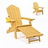 TALE Yellow Folding Adirondack Chair with Pullout Ottoman with Cup Holder, Weather Resistant, Plastic Wood, Lawn Outdoor Fire Pit Chairs, for Patio Deck Garden, Backyard