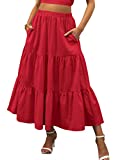 ANRABESS Women's Cotton Elastic High Waist Pleated A-Line Flared Maxi Skirts Tiered Flowy Long Skirts with Pockets 495hongse-S