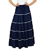 Bimba Womens Long Flaired Cotton Skirt Boho Maxi Bottoms Elastic Waist Clothing Blue