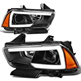 Pair of 3D LED DRL Bar Black Housing Amber Corner Projector Headlight Lamps Compatible with Dodge Charger 11-14