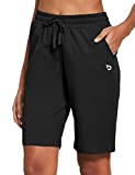 BALEAF Women's 10" Bermuda Shorts Long Cotton Casual Summer Knee Length Pull On Lounge Walking Exercise Shorts with Pockets Black Size L