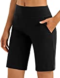 Stelle Women's 10" High Waist Athletic Bermuda Shorts Long Shorts with Pockets for Yoga Running Workout (Black, L)