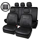 Leader Accessories 17pcs Black Faux Leather Car Seat Covers Full Set Front + Rear with Airbag Universal Fits for Trucks SUV Included Steering Wheel Cover / Seat Belt Covers