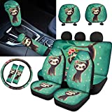 Dolyues Car Seat Covers Full Set for Women Cute Green, Adorable Sloth Animal Hold Floral Print Steering Wheel Cover, Gear Shift Knob Cover, Auto Accessories Seat Belt Pads for Cars, SUV, 11 Piece