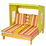Costzon Kids Chaise Lounge, Double Seat Patio Chair w/Canopy, Cup Holders, Cushion, Breathable Mesh, Backrest Recliner, Children Outdoor Wood Furniture Gift for Boy Girl 3-8 Year Old, Kids Beach Chair