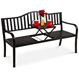 Best Choice Products Double Seat Steel Bench for Outdoor, Patio, Garden, Backyard w/Pullout Middle Table, Weather-Resistant Frame - Black