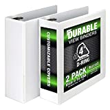 Samsill Durable 3 Ring View Binders Made in the USA, 4 Inch Locking D-Ring, Customizable Cover, White, Pack of 2