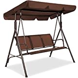 Best Choice Products 3-Seater Outdoor Adjustable Canopy Swing Glider, Patio Loveseat Bench for Deck, Porch w/Armrests, Textilene Fabric, Steel Frame - Brown