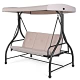 Tangkula 3 Seats Converting Patio Swing, Outdoor Porch Garden Canopy Swing with Comfortable Cushion Seats & Adjustable Tilt Canopy, Heavy Duty Hammock 3 Persons Porch Swing (Beige)