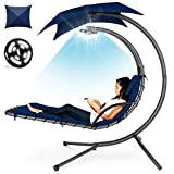 Best Choice Products Hanging LED-Lit Curved Chaise Lounge Chair Swing for Backyard, Patio, Lawn w/ 3 Light Settings, Weather-Resistant Pillow, Removable Canopy Shade, Steel Stand - Navy Blue