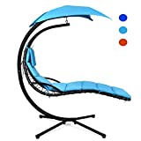 Giantex Hanging Chaise Lounger Chair, Arc Stand Porch Swing Chair, Outdoor Swing with Canopy, Cushion Built-in Pillow, Outdoor Hanging Curved Chaise for Patio Poolside Backyard Garden (Blue)