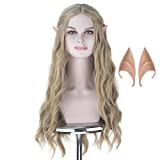 Miss U Hair Long Wavy Flax Golden Ash Blonde Hair Women Party Cosplay Costume Wig with Elf Ears Halloween