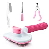 Cat Hair Brush Set, Soft Encryption Grooming Shedding Massage Brush for Cat and Dog with One Click Hair Removal Function, Including Cat Nail Clippers, Files, Hair Combs Set (Pink)