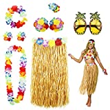 8 Pack Hula Skirt Costume Accessory Kit for Hawaii Luau Party - Dancing Hula with Flower Bikini Top, Hawaiian Lei, Hibiscus Hair Clip, Pineapple Sunglasses for Women